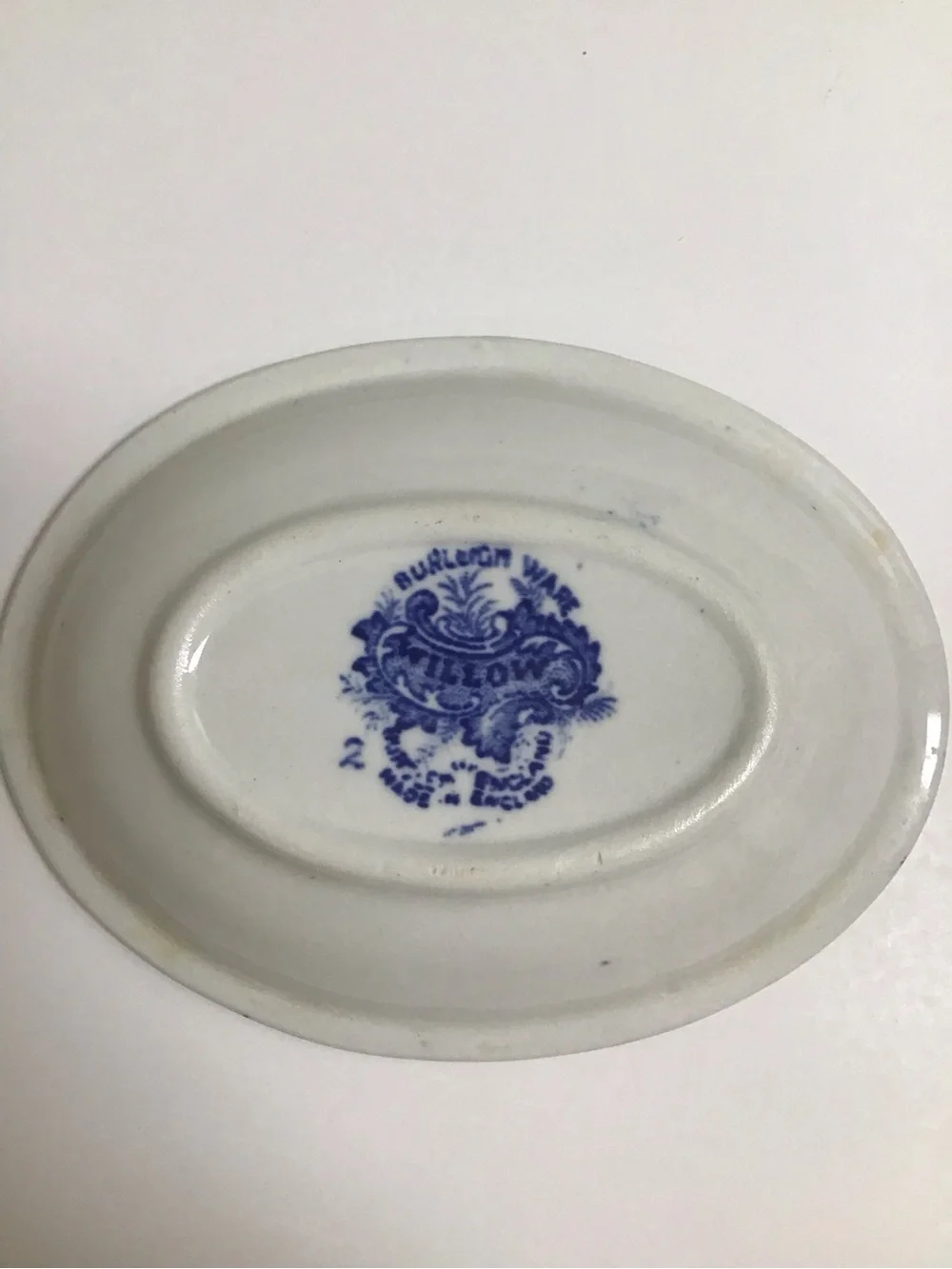 Blue Willow Antique 1920's England Burleigh Ware Oval Soap Dish Ridges Gold Rim